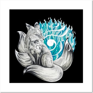 Silver Kitsune with Aqua Foxfire Posters and Art